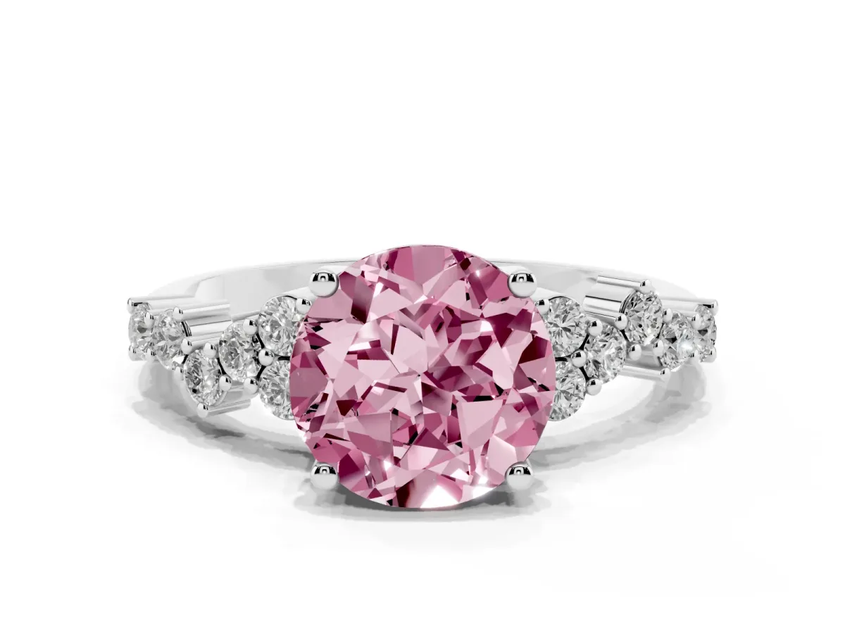 Fancy Pink Round Cut Diamond Scattered Round Accent Ring with Prong Setting Silver