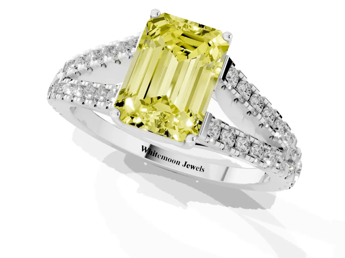 Fancy Yellow Emerald Cut Diamond Split Shank Pavé Engagement Ring with Four-Prong Setting White gold