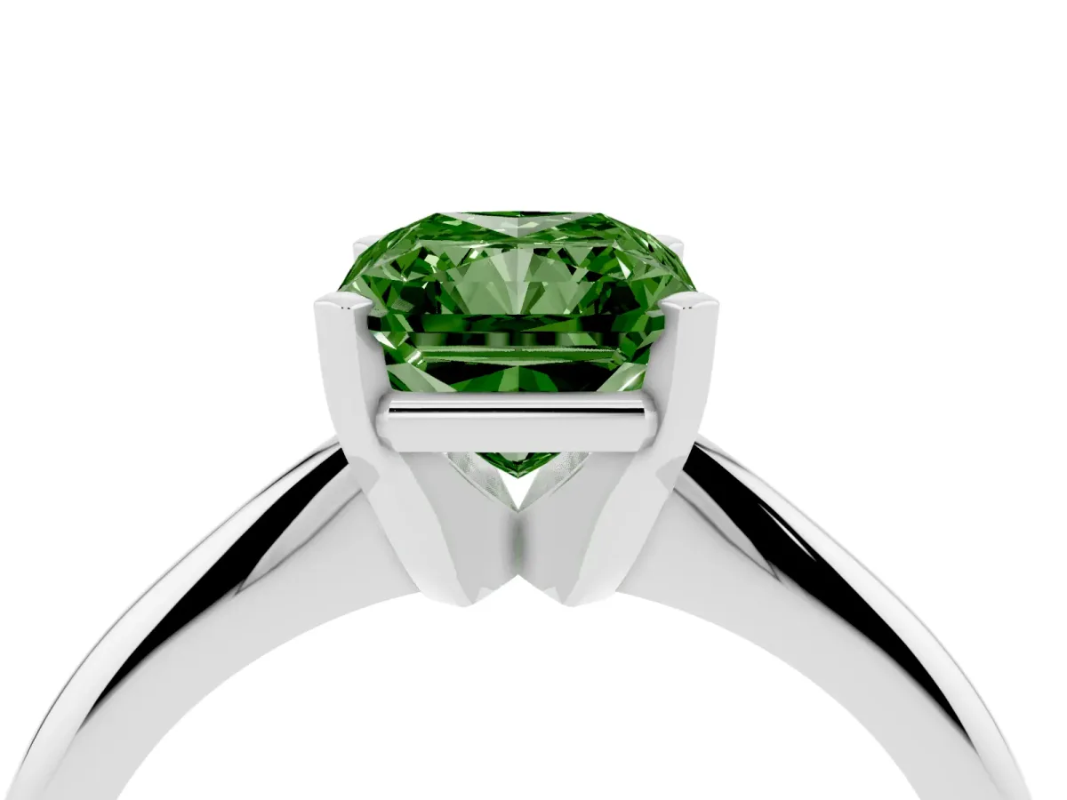 Fancy Green Radiant Cut Cut Solitaire Ring with Four-Prong Setting on a Classic Band Silver