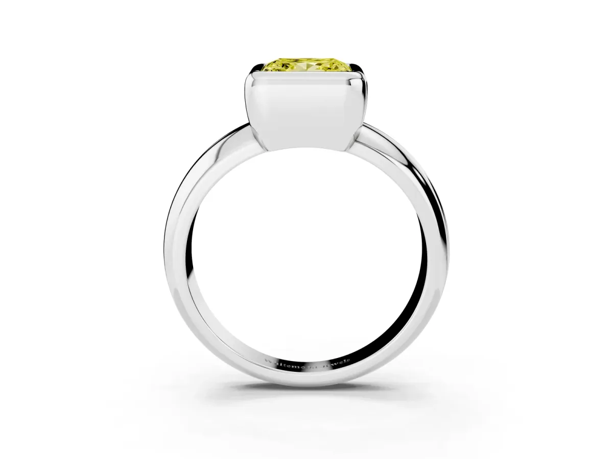 Fancy Yellow Bezel Set Princess Cut Solitaire Ring with Wide Band Silver