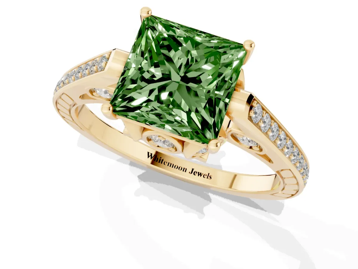 Fancy Green Princess Cut Cut Cathedral Pave Diamond Engagement Ring with Six-Prong Setting Yellow gold