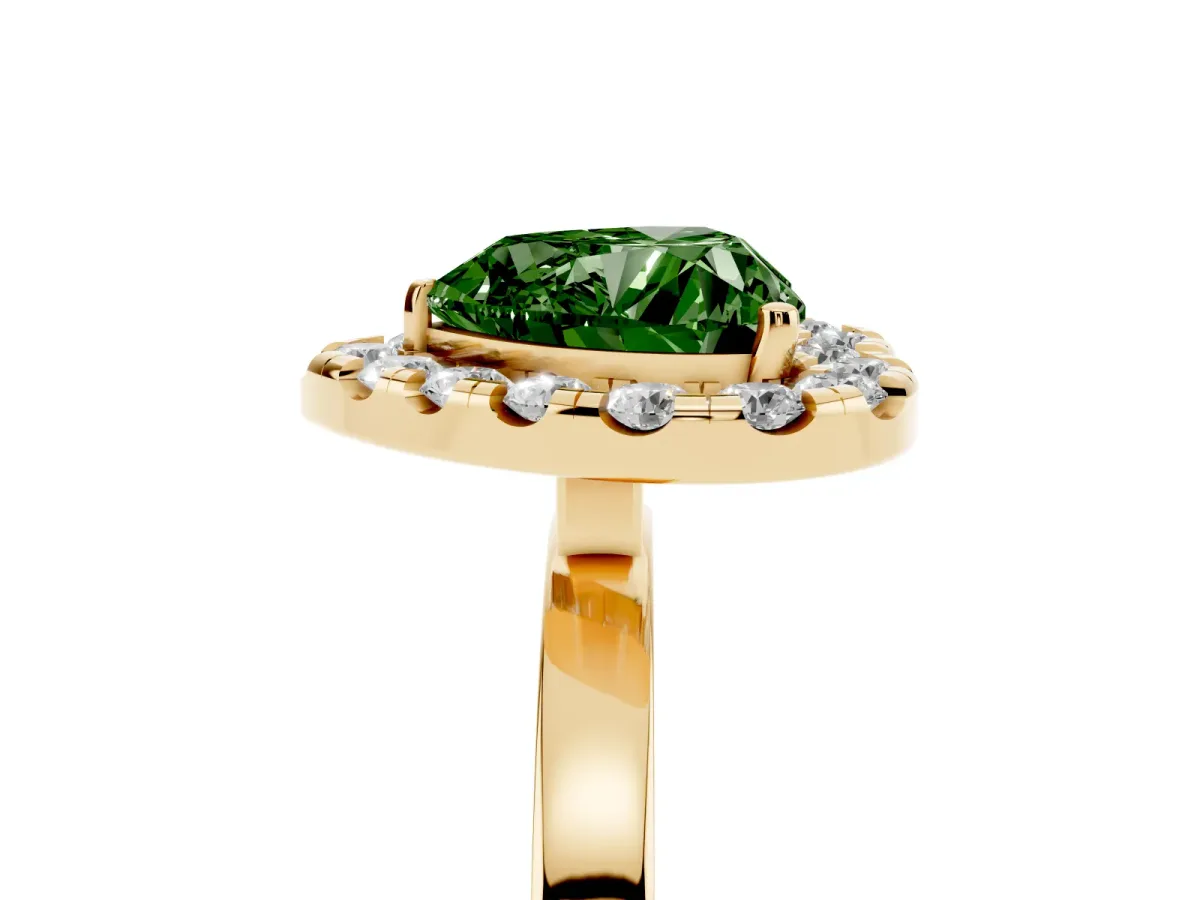 Fancy Green Heart Cut Halo Diamond Solitaire with Pavé Band and Four-Prong Setting Yellow gold