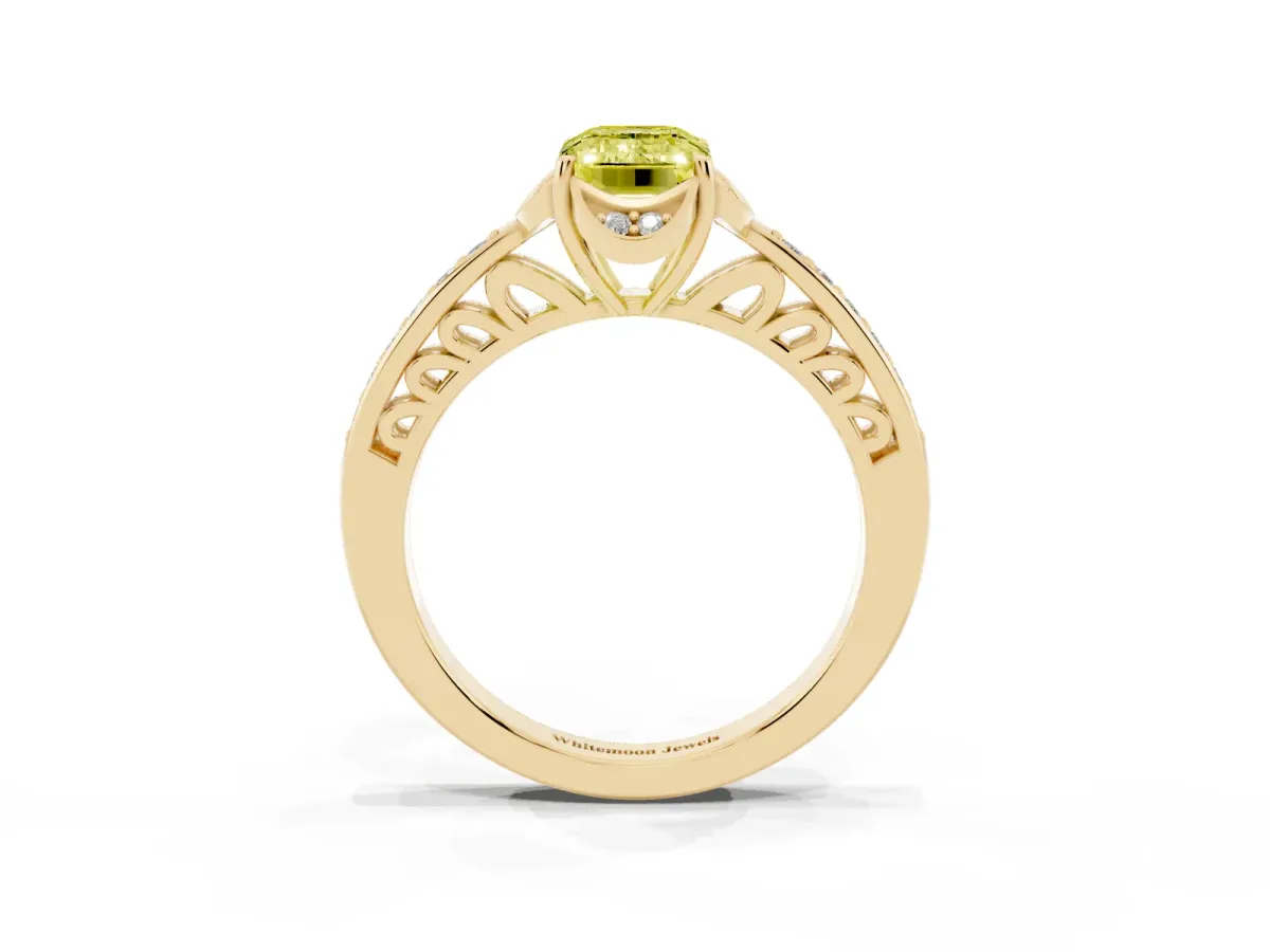 Fancy Yellow Emerald Cut Cut Halo Diamond Ring with Channel Set Band and Four-Prong Setting Yellow gold