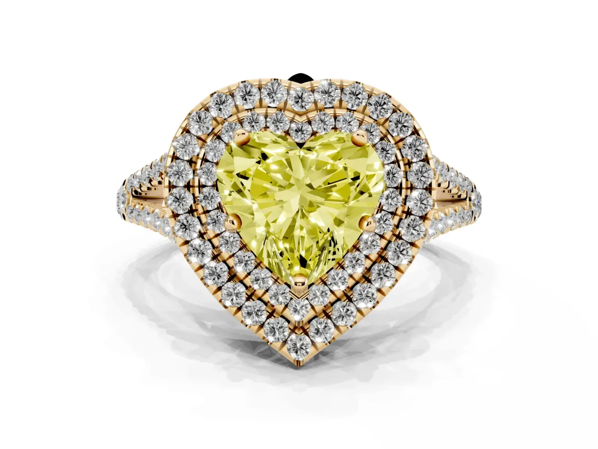 Fancy Yellow Heart Cut Diamond Double Halo Ring with Pavé Band and Prong Setting Yellow gold
