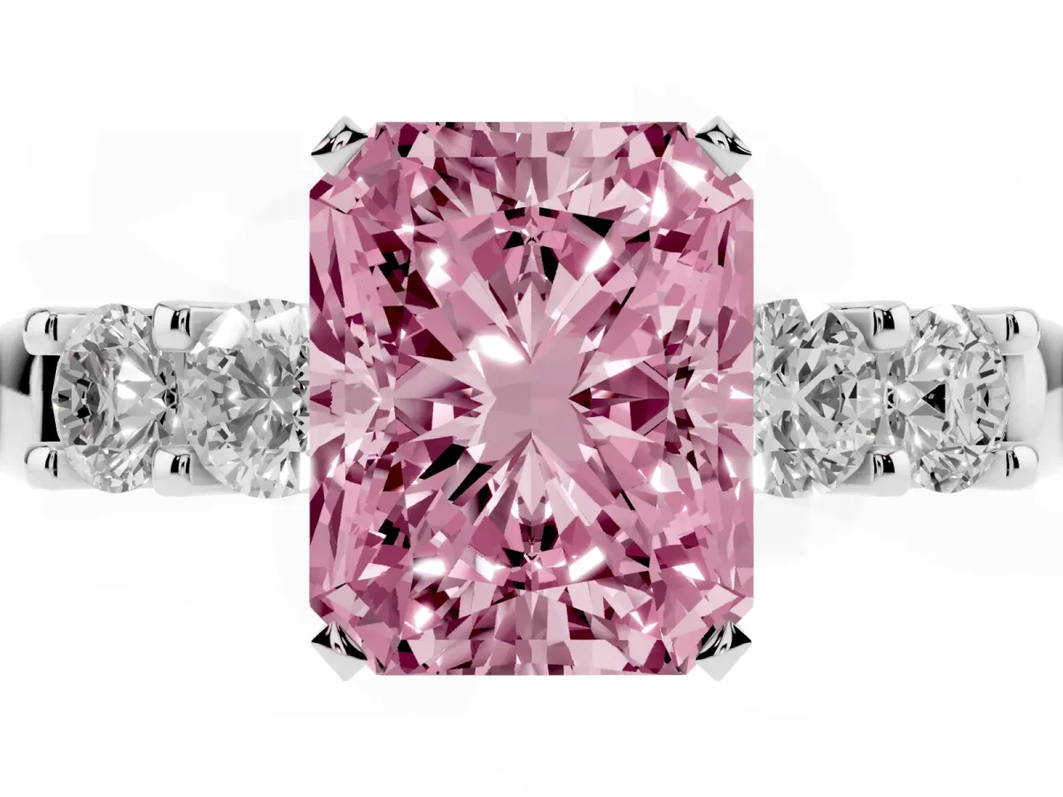Fancy Pink Radiant Cut Brilliant Cut Diamond Five-Stone Prong Set Engagement Ring with Channel Band White gold
