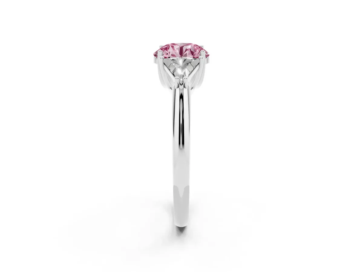 Fancy Pink Three-Stone Round Cut Diamond Engagement Ring with Trillion Side Stones and Prong Setting Silver