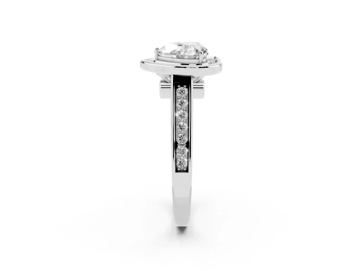 Heart Cut Halo Solitaire Diamond Ring with Pave Band and Bezel Setting Platinum