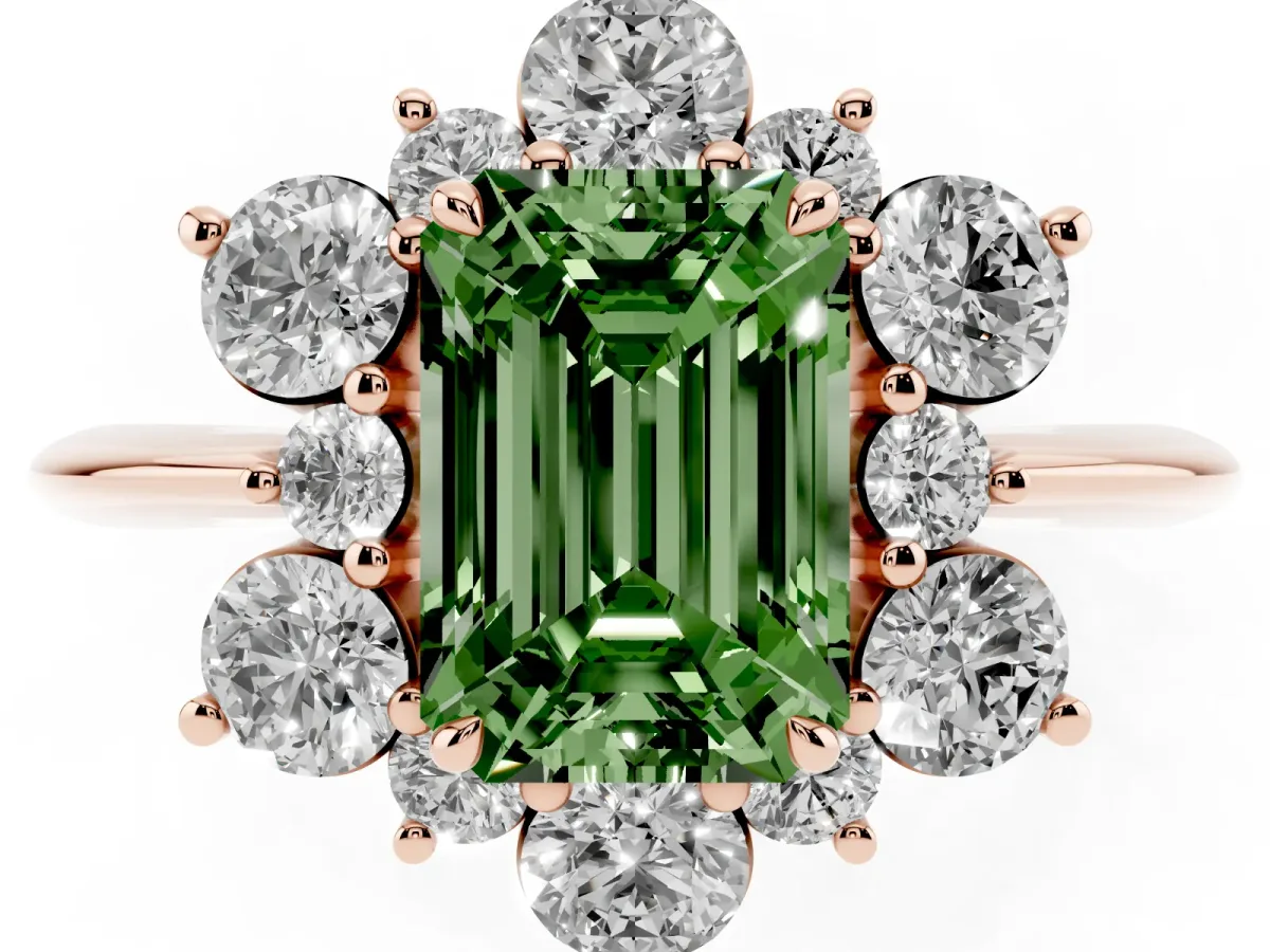 Fancy Green Emerald Cut Diamond Cluster Halo Ring with Solitaire Band and Four-Prong Setting Rose gold