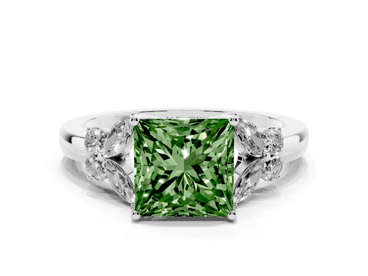 Fancy Green Princess Cut Cut Solitaire Floral Diamond Ring with Four-Prong Setting Silver