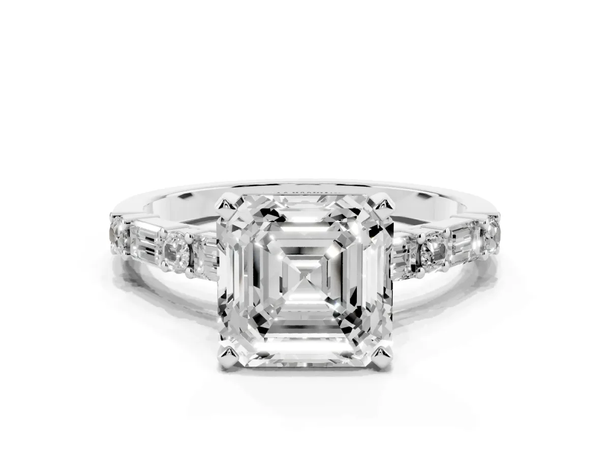 Asscher Cut Diamond Solitaire with Side Baguettes and Channel Set Band Silver