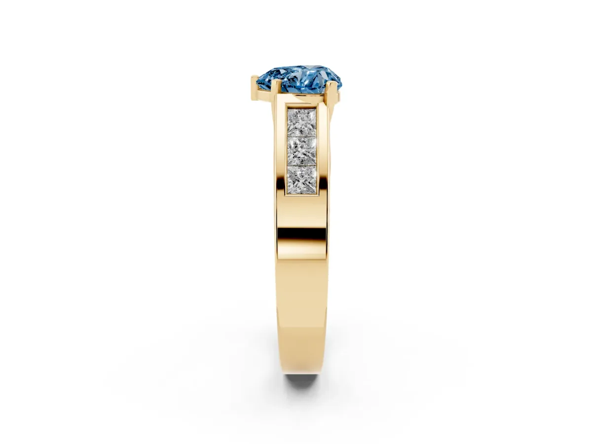 Fancy Blue Heart Cut Cut Channel Set Solitaire Ring with Four-Prong Setting Yellow gold