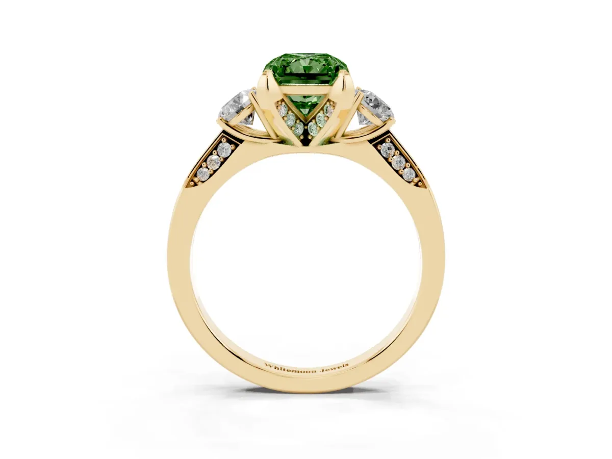 Fancy Green Radiant Cut Brilliant Three-Stone Diamond Ring with Pavé Band and Four-Prong Setting Yellow gold