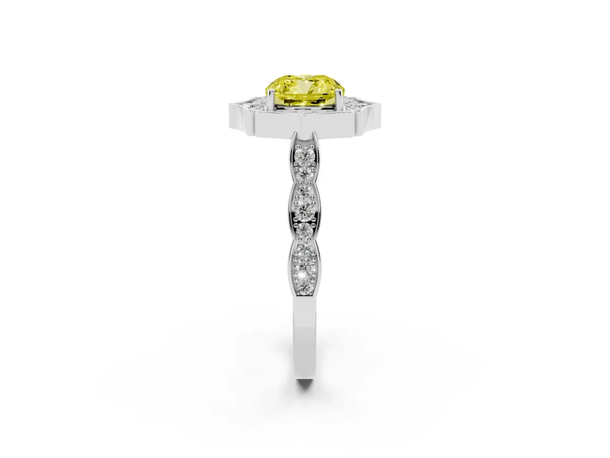 Fancy Yellow Cushion Cut Halo Diamond Engagement Ring with Milgrain Band and Four-Prong Setting Silver