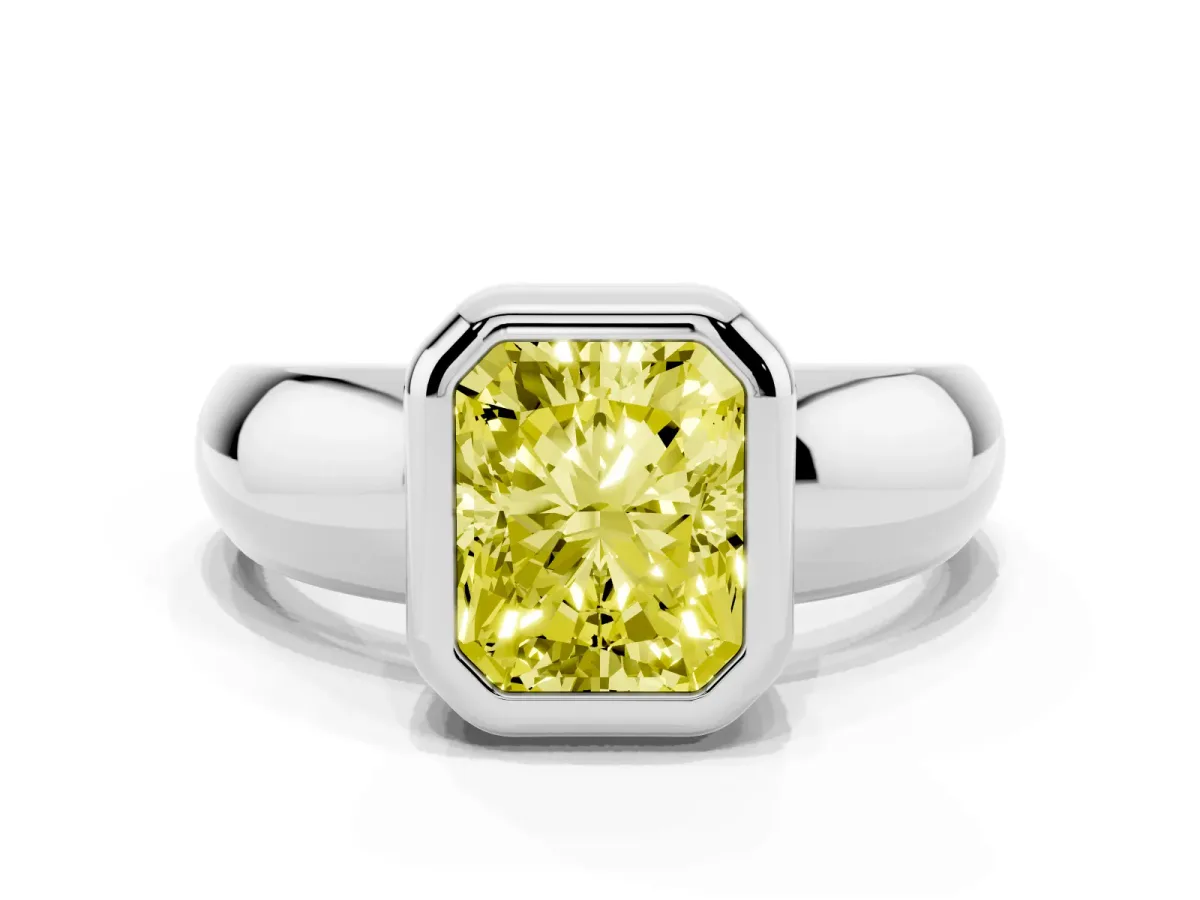 Fancy Yellow Bezel Set Radiant Cut Solitaire Ring with Wide Band Silver
