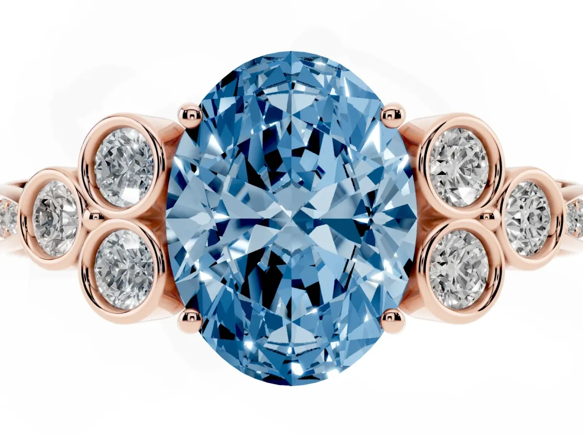 Fancy Blue Oval Cut Cut Diamond Engagement Ring with Bezel Set Round Side Stones and Prong Setting Rose gold