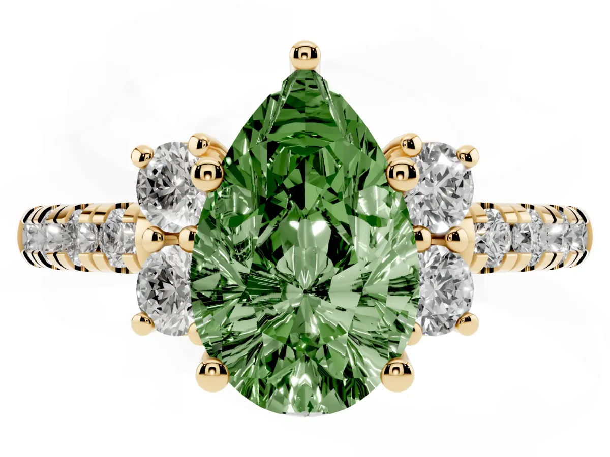 Fancy Green Pear Cut Diamond Three-Stone Pave Band with Four-Prong Setting Yellow gold
