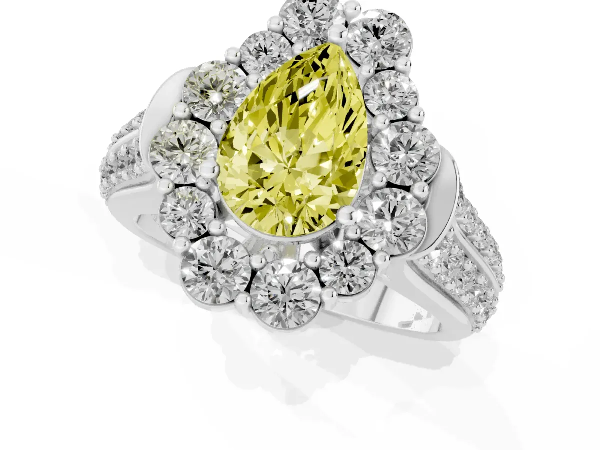 Fancy Yellow Pear Cut Halo Diamond Engagement Ring with Split Shank and Prong Setting Silver