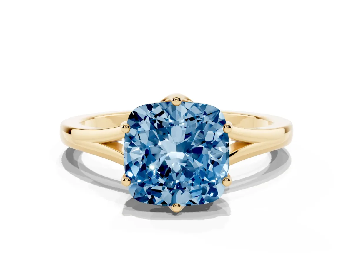 Fancy Blue Cushion Cut Solitaire Diamond Ring with Six-Prong Setting and Tapered Band Yellow gold