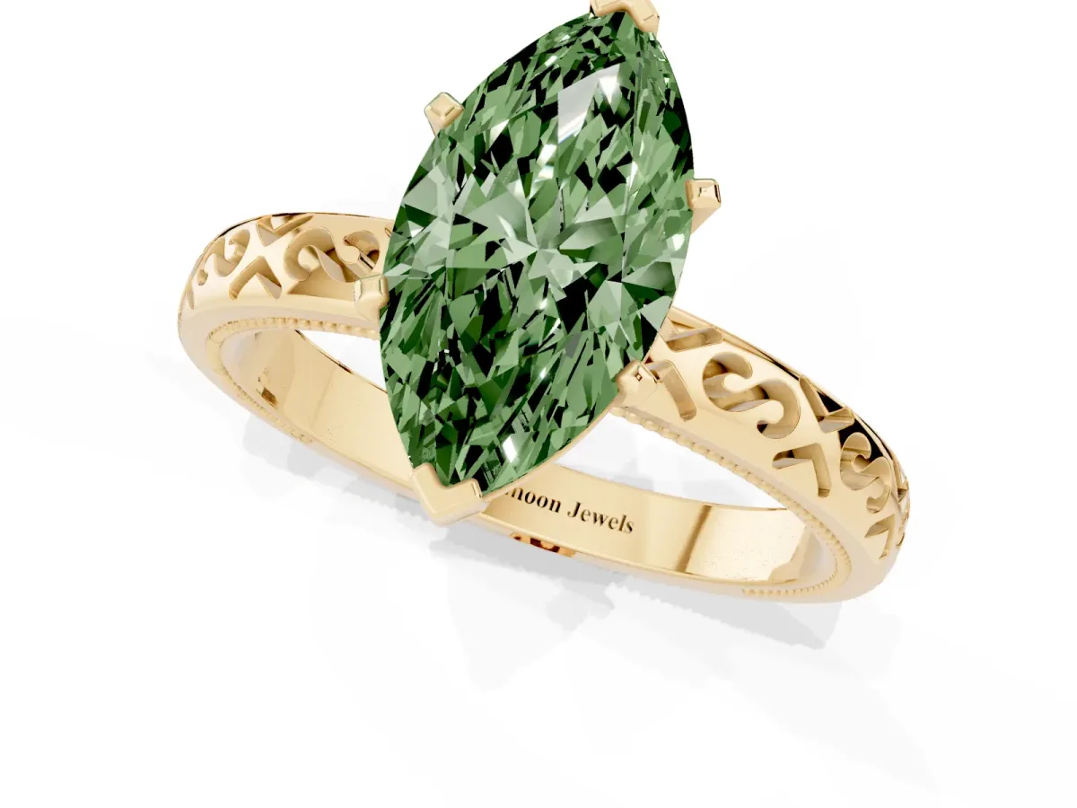 Fancy Green Marquise Cut Solitaire Engagement Ring with Scrollwork Band and Four-Prong Setting Yellow gold