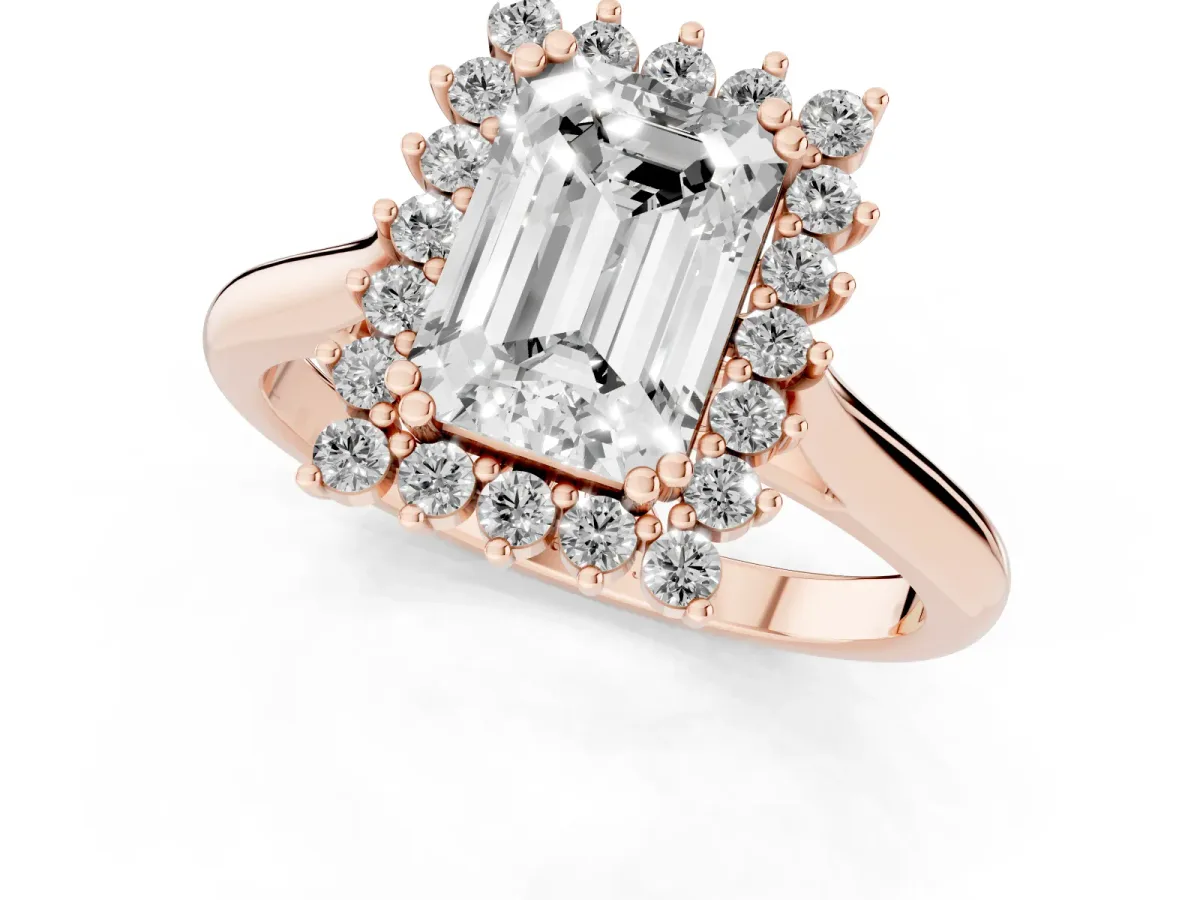 Emerald Cut Cut Diamond Halo Ring with Solitaire Band and Prong Setting Rose gold