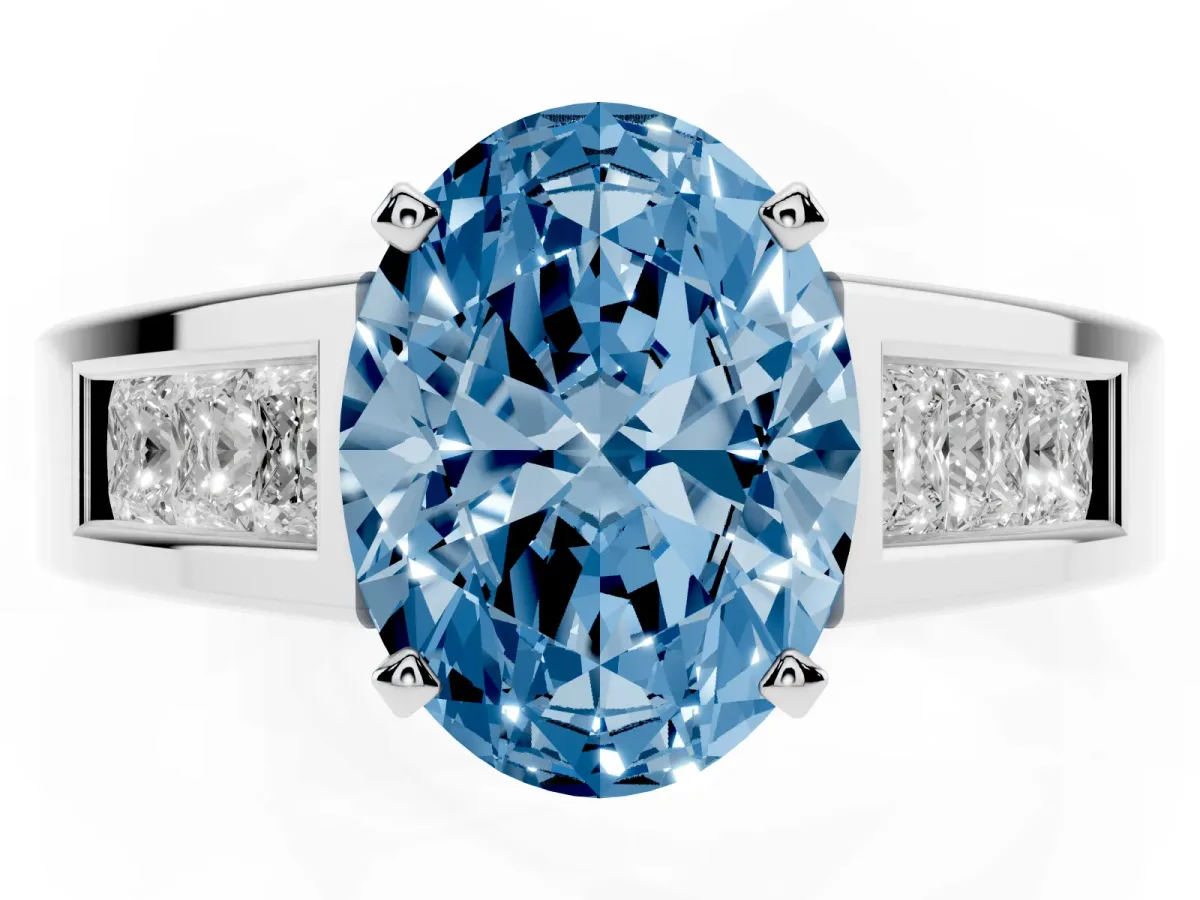 Fancy Blue Oval Cut Cut Channel Set Solitaire Ring with Four-Prong Setting White gold