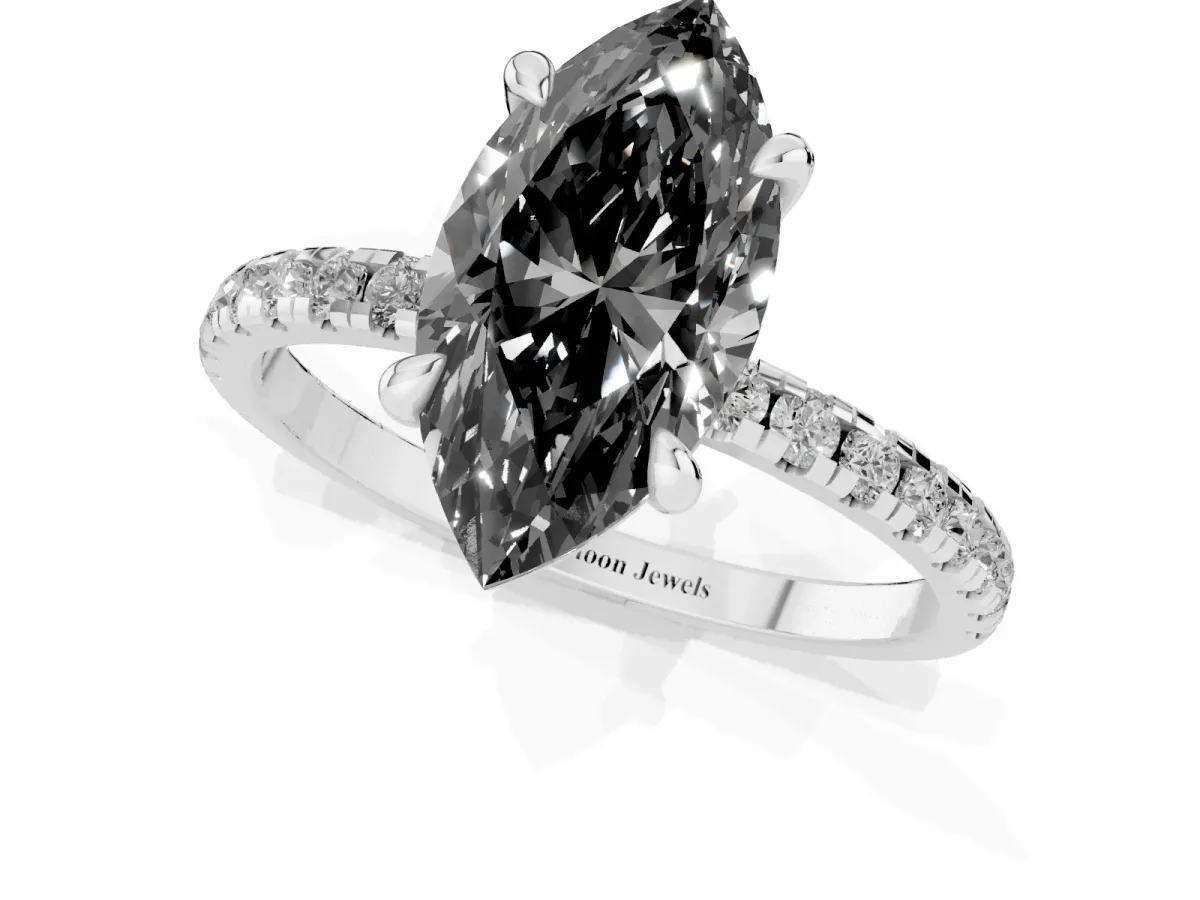 Fancy Black Marquise Cut Diamond Brilliant Solitaire Ring with Pavé Band and Four-Prong Setting Platinum