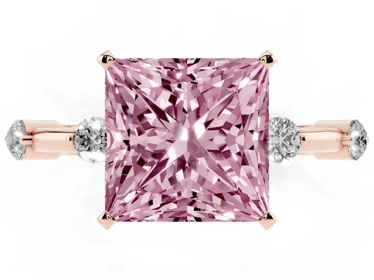 Fancy Pink Princess Cut Solitaire Diamond Ring with Bezel Set Side Stones and Prong Setting Rose gold