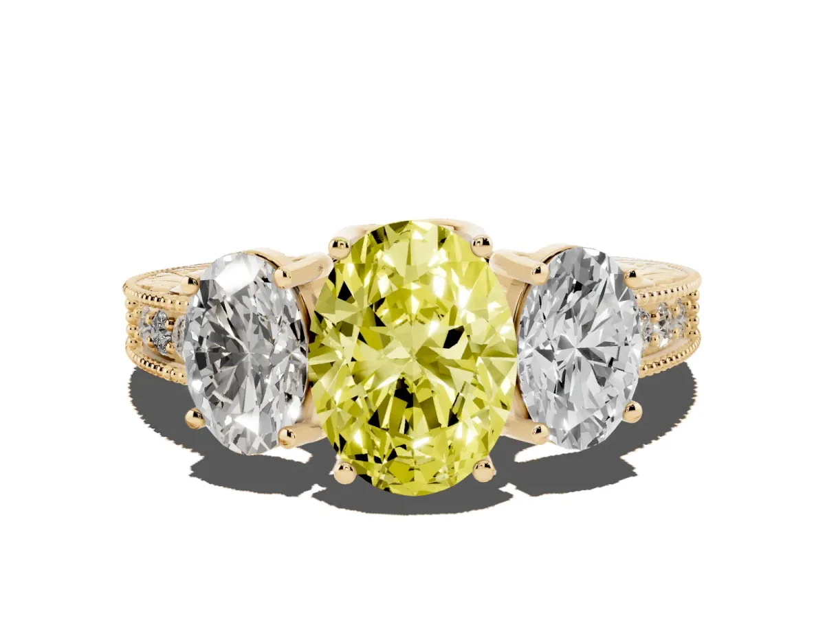 Fancy Yellow Three-Stone Oval Cut Cut Milgrain Pavé Engagement Ring Yellow gold