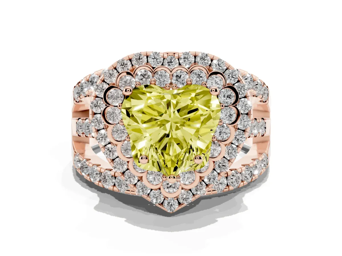 Fancy Yellow Heart Cut Diamond Double Halo Ring with Round Pavé Split Shank and Prong Setting Rose gold