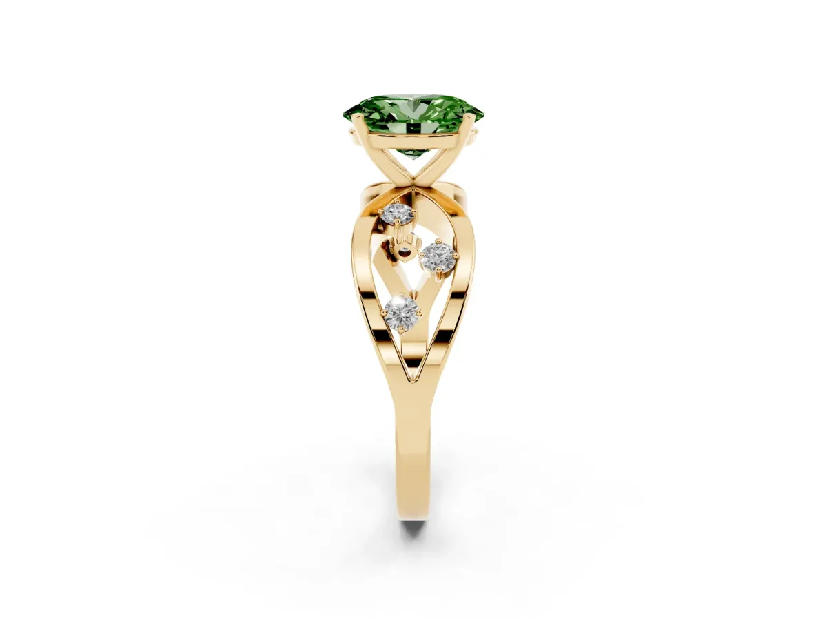 Fancy Green Oval Cut Cut Solitaire Diamond with Side Stones on Criss-Cross Band and Four-Prong Setting Yellow gold