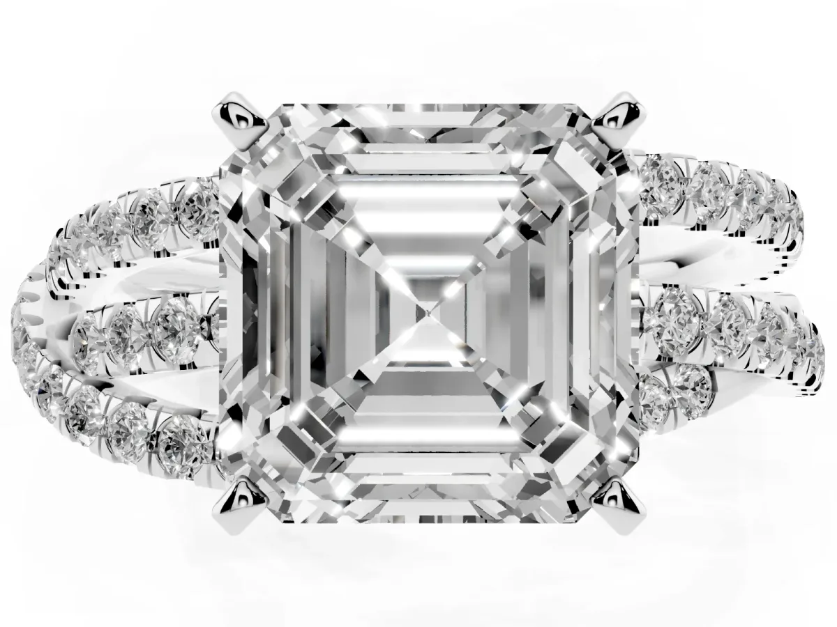 Asscher Cut Solitaire Twist Band with Pavé Setting and Four-Prong Setting Silver