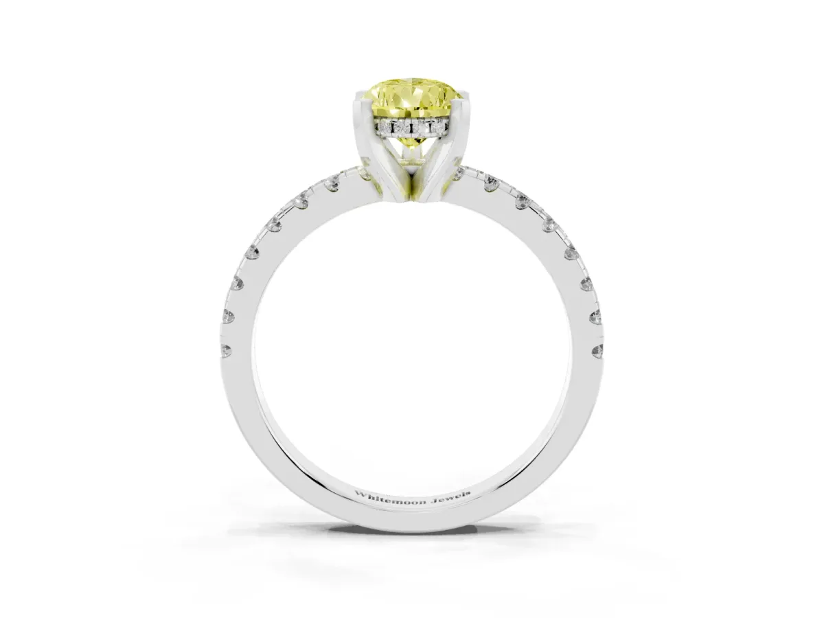 Fancy Yellow Pear Cut Diamond Solitaire Ring with Round Pavé Band and Four-Prong Setting Silver