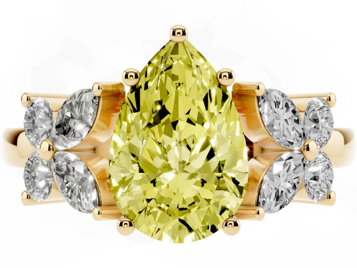 Fancy Yellow Pear Cut Diamond Floral Cluster Ring with Solitaire Band and Prong Setting Yellow gold