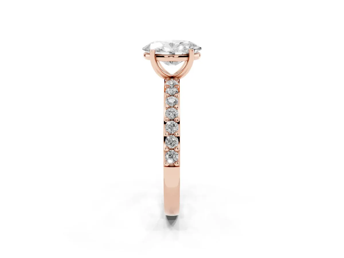 Oval Cut Cut Diamond Solitaire with Pave Band and Four-Prong Setting Rose gold