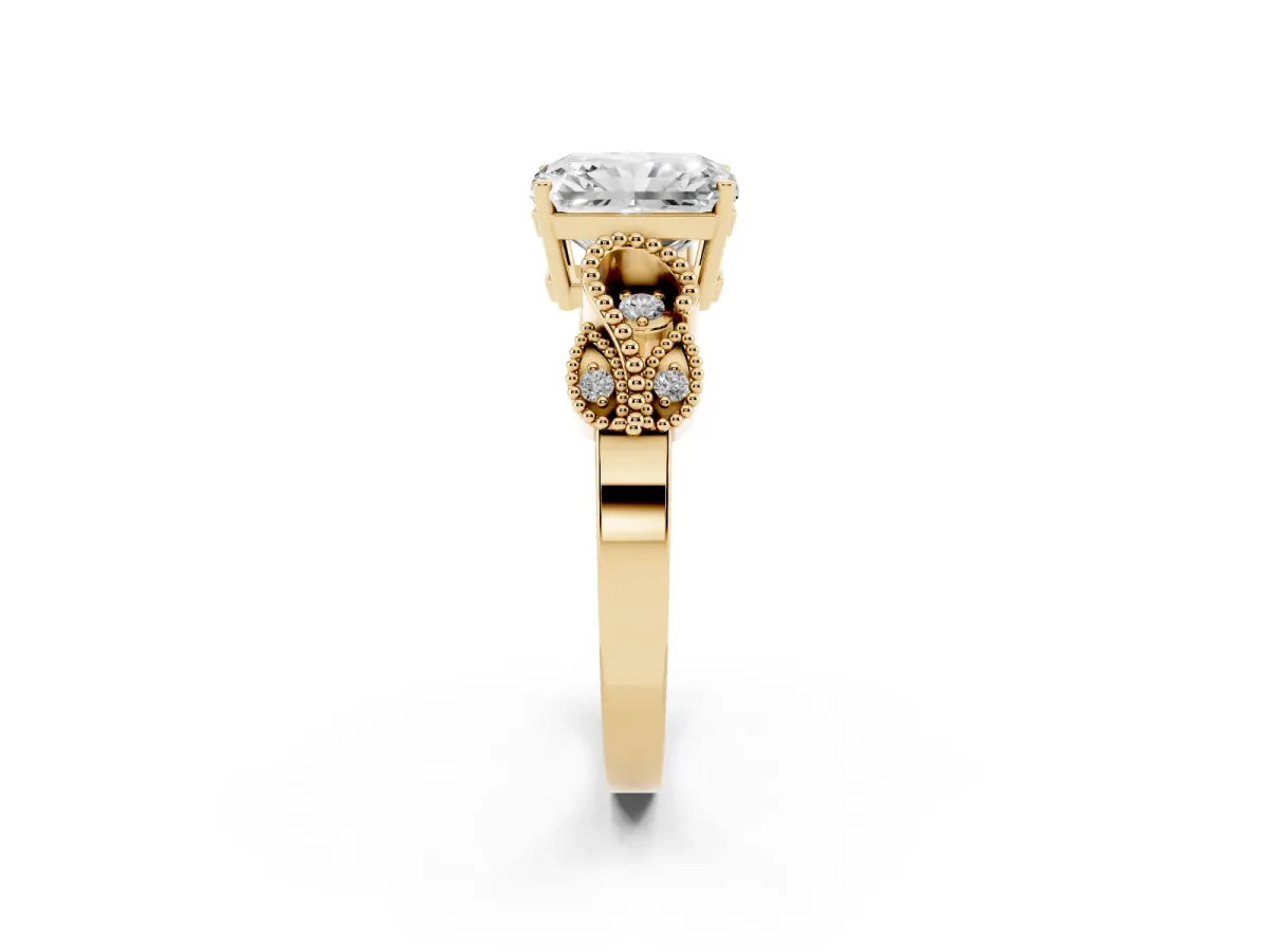 Princess Cut Solitaire Milgrain Leaf Band with Prong Setting Yellow gold