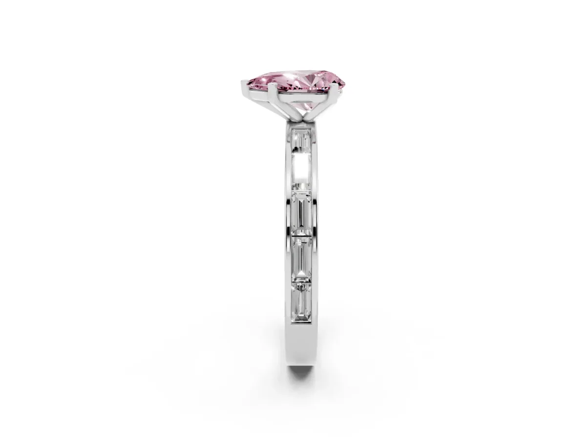 Fancy Pink Pear Cut Solitaire Diamond Ring with Channel-Set Baguette Band and Four-Prong Setting White gold