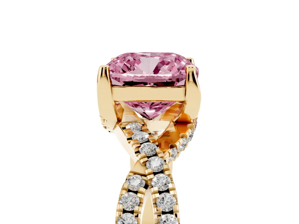 Fancy Pink Cushion Cut Solitaire Twist Pave Diamond Engagement Ring with Prong Setting Yellow gold