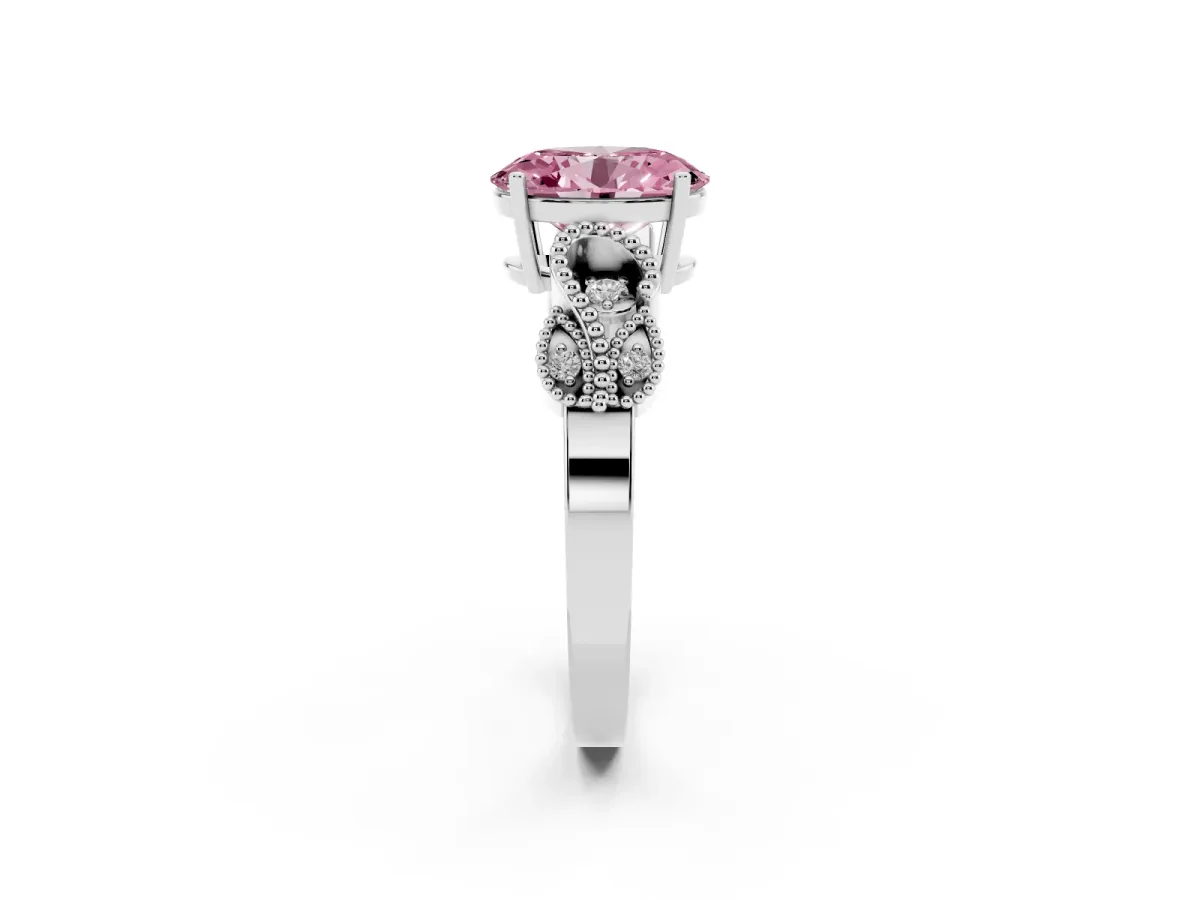 Fancy Pink Oval Cut Solitaire Milgrain Leaf Band with Prong Setting Silver