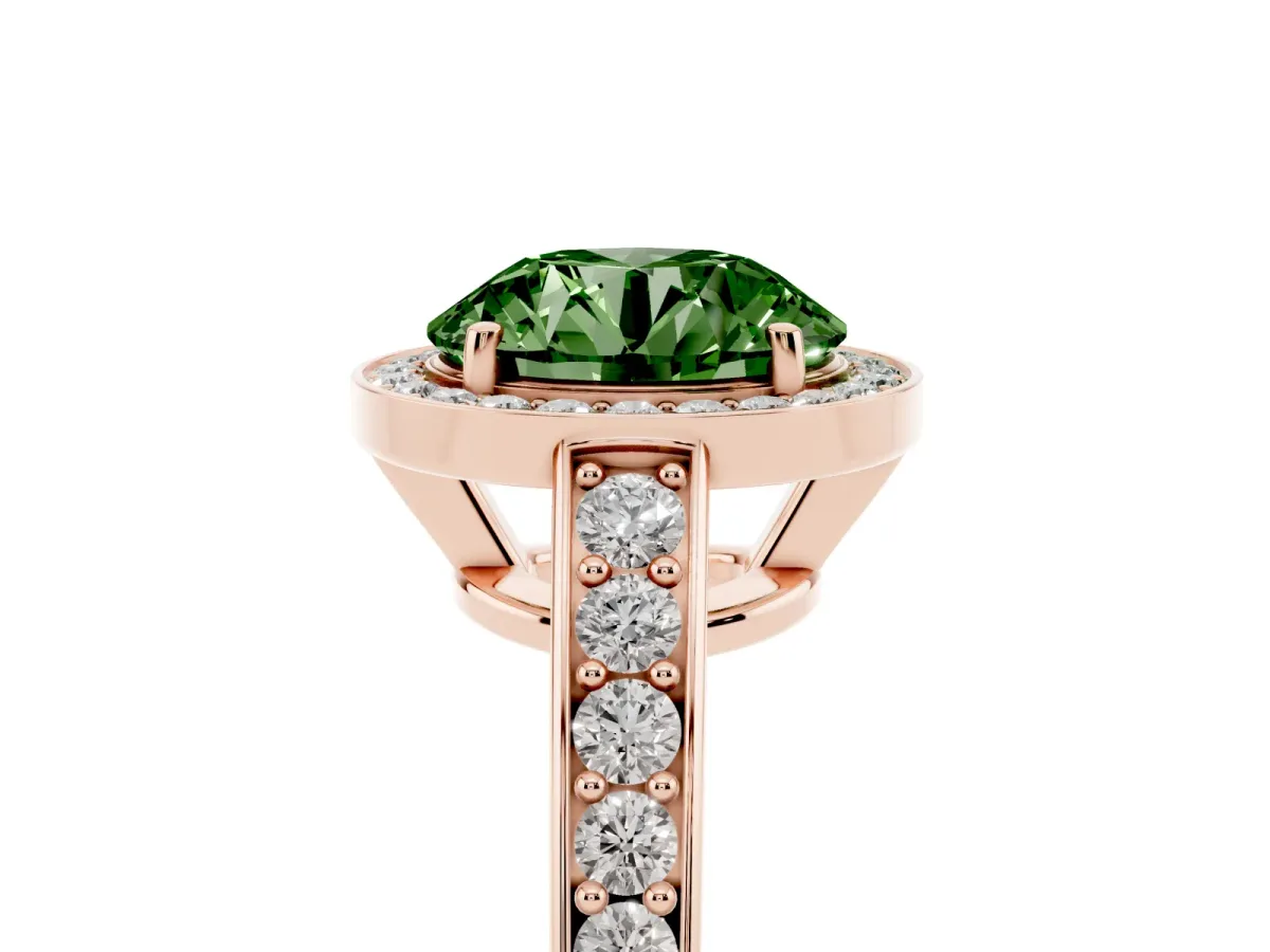 Fancy Green Round Cut Halo Pavé Diamond Engagement Ring with Bezel Setting Rose gold