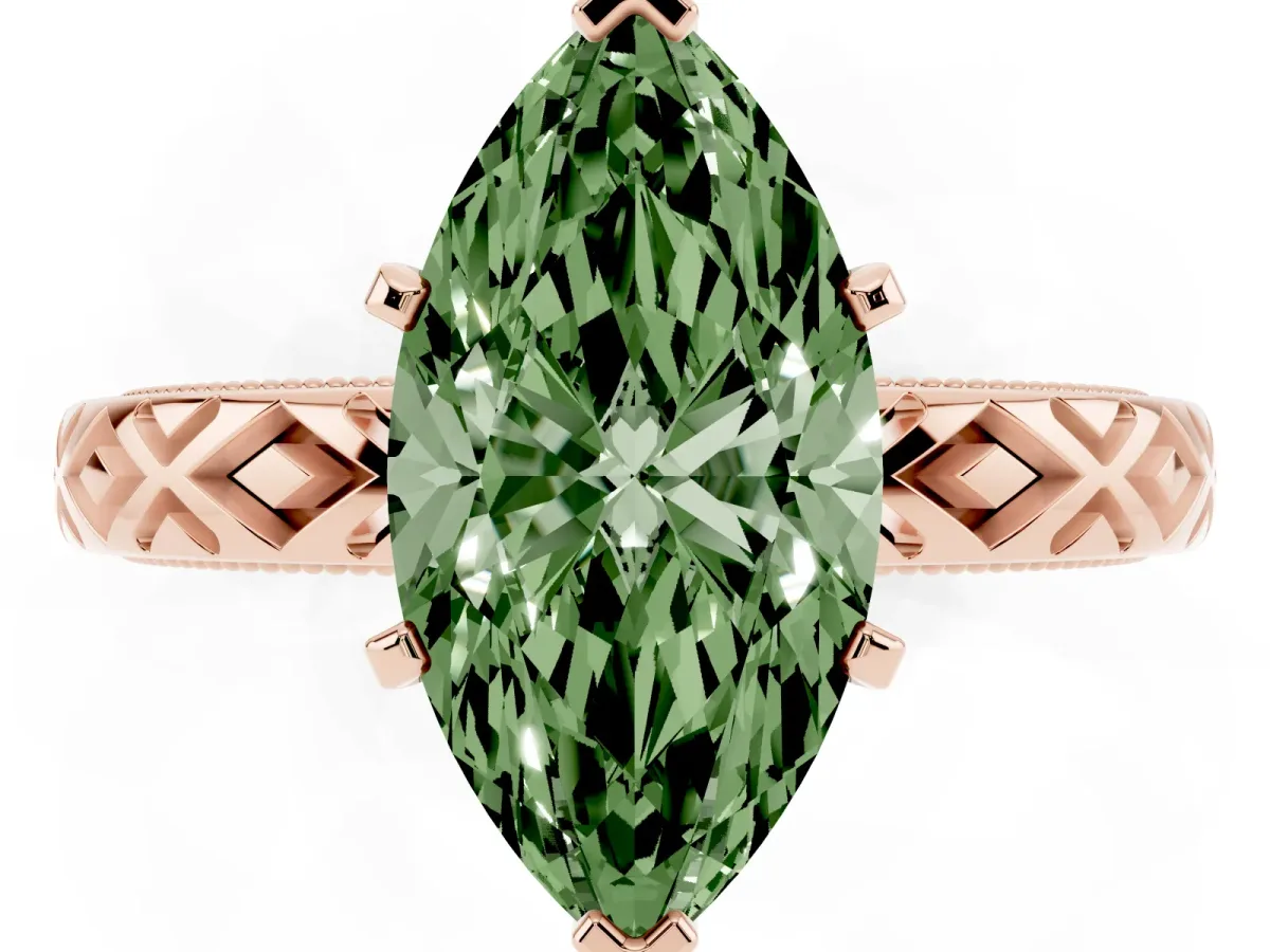 Fancy Green Marquise Cut Solitaire Diamond Ring with Milgrain and Black Enamel X Pattern Band Rose gold