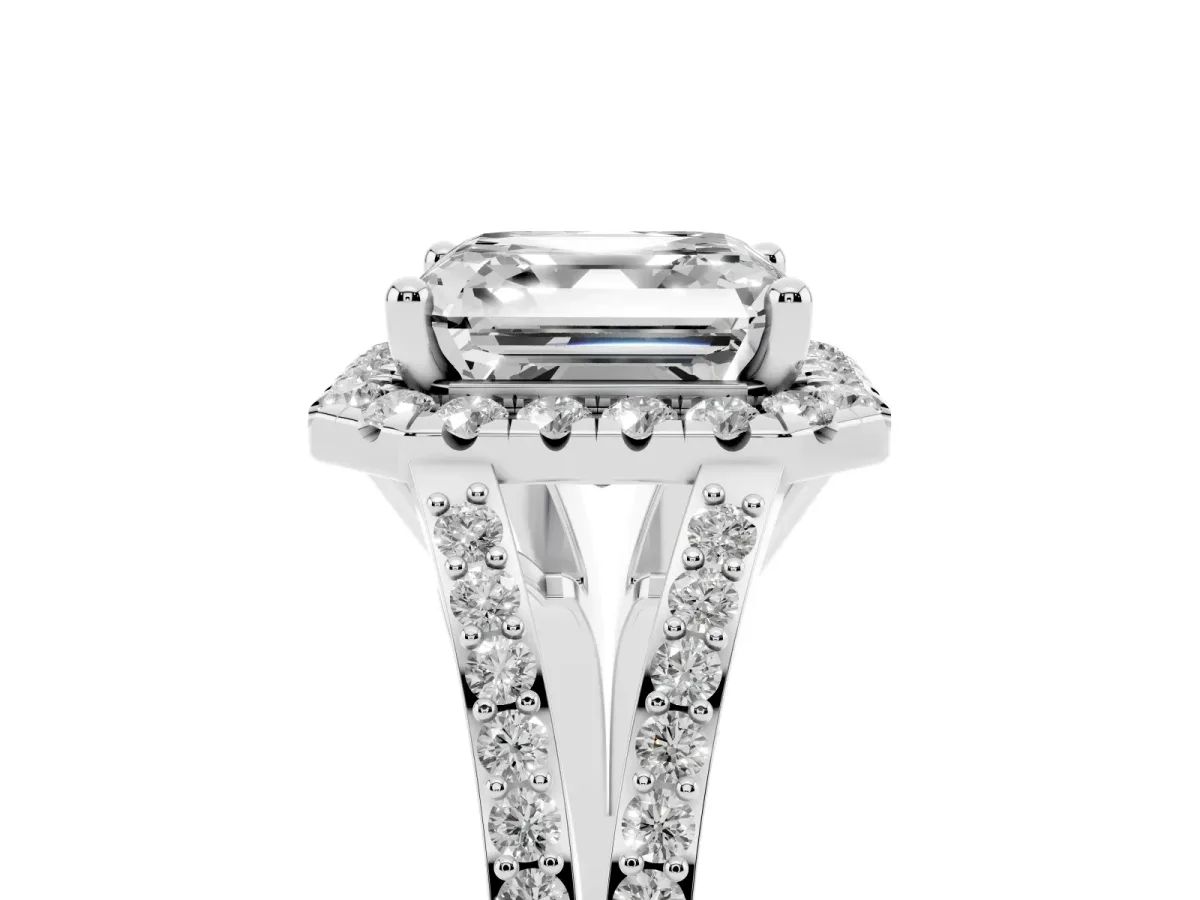 Asscher Cut Halo Split Shank Diamond Ring with Prong Setting Platinum