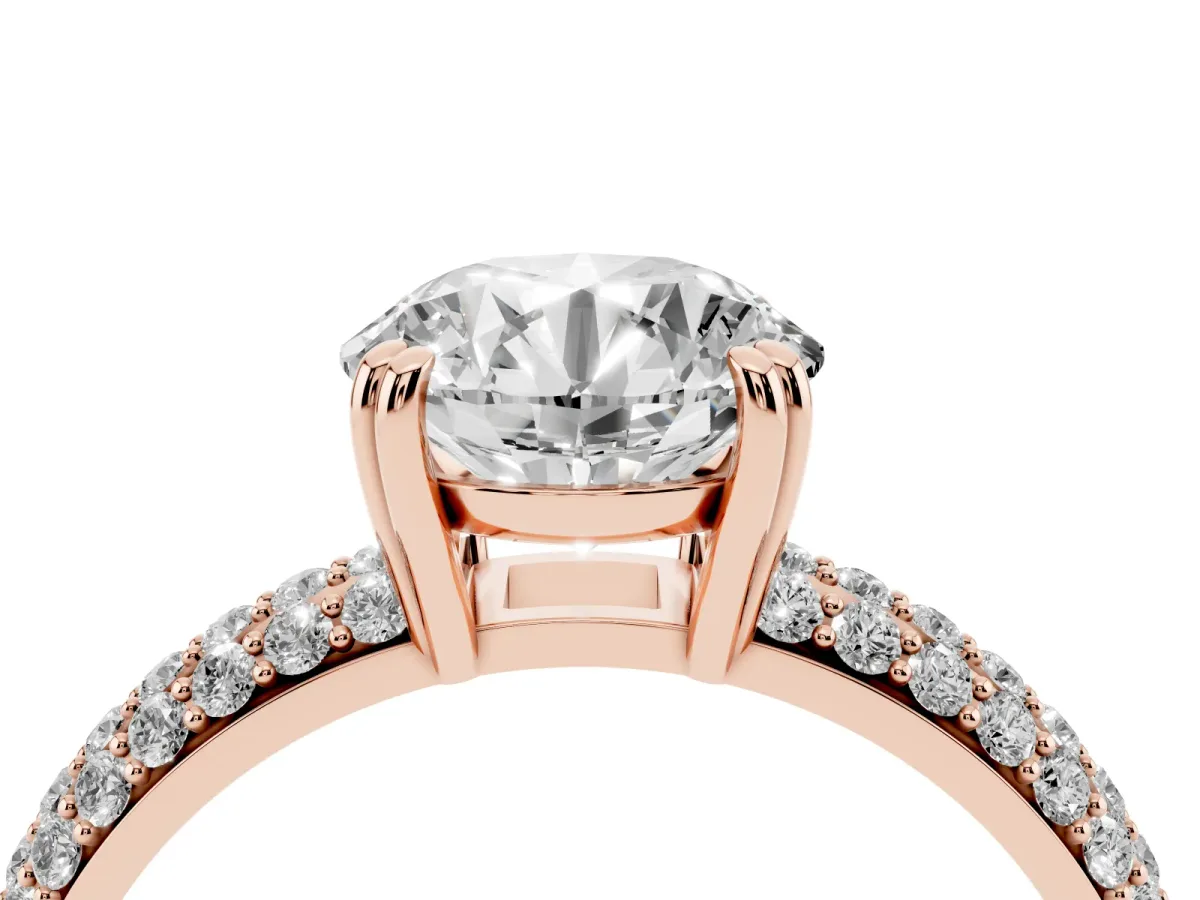 Round Cut Diamond Solitaire Ring with Multi-Row Round Pavé Band and Prong Setting Rose gold