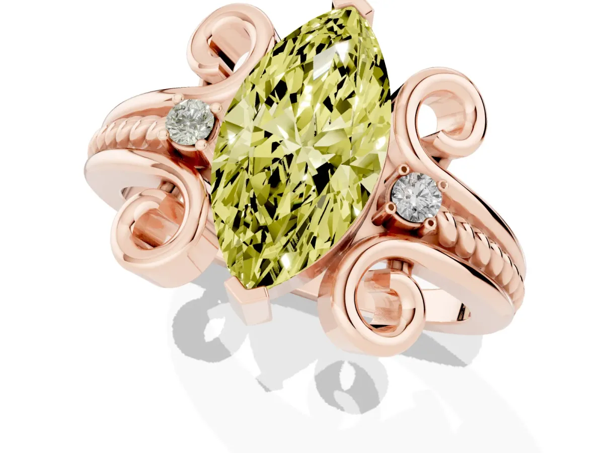 Fancy Yellow Marquise Cut Solitaire Twisted Band Scroll Prong Ring Rose gold