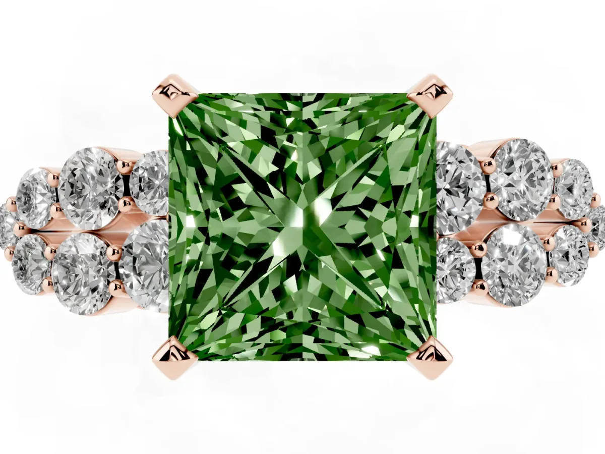 Fancy Green Princess Cut Cluster Diamond Engagement Ring with Pavé Band and Four-Prong Setting Rose gold
