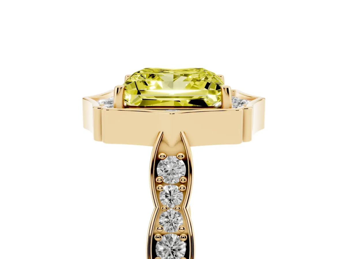 Fancy Yellow Princess Cut Halo Diamond Engagement Ring with Milgrain Band and Four-Prong Setting Yellow gold