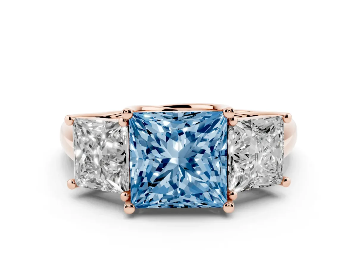 Fancy Blue Three-Stone Princess Cut Diamond Engagement Ring with Prong Setting Rose gold