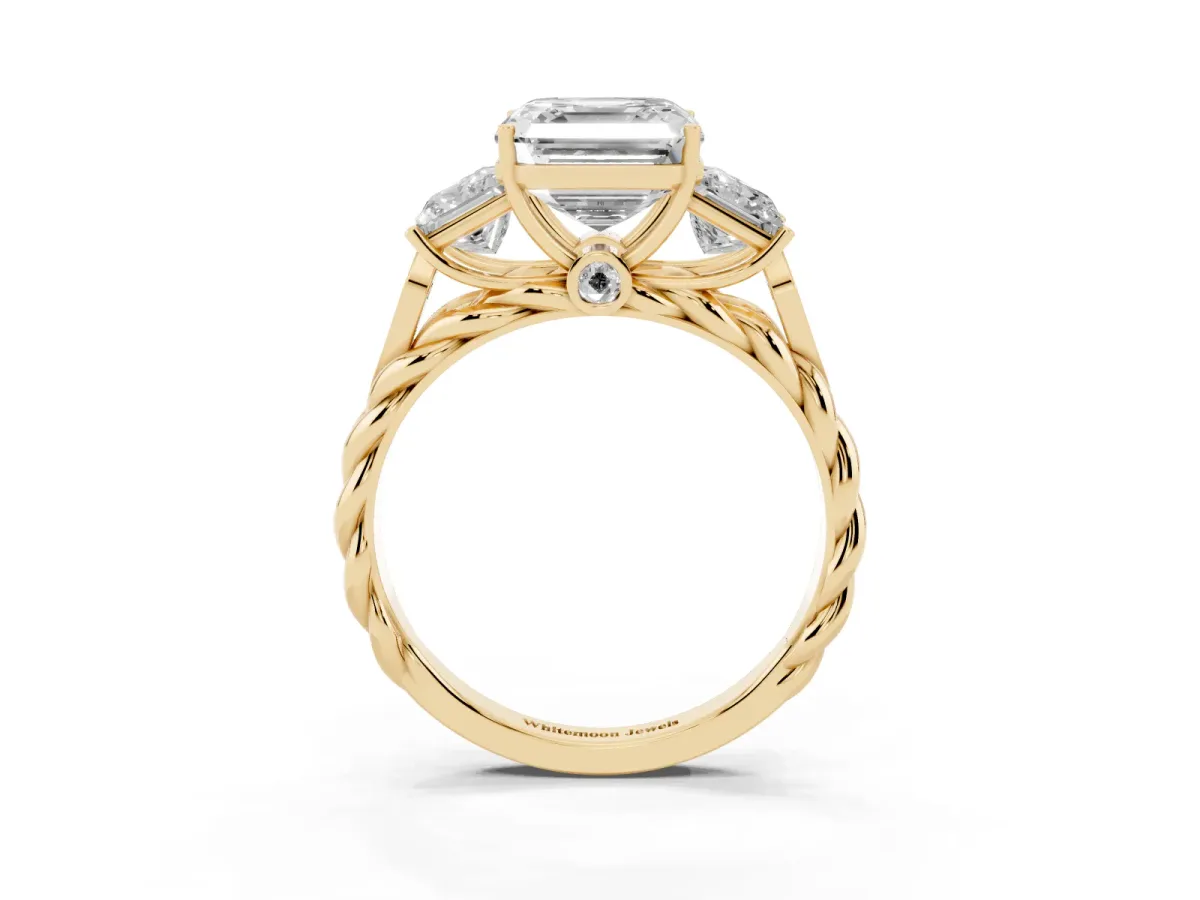 Three-Stone Asscher Cut Diamond Braided Band Ring with Four-Prong Setting Yellow gold