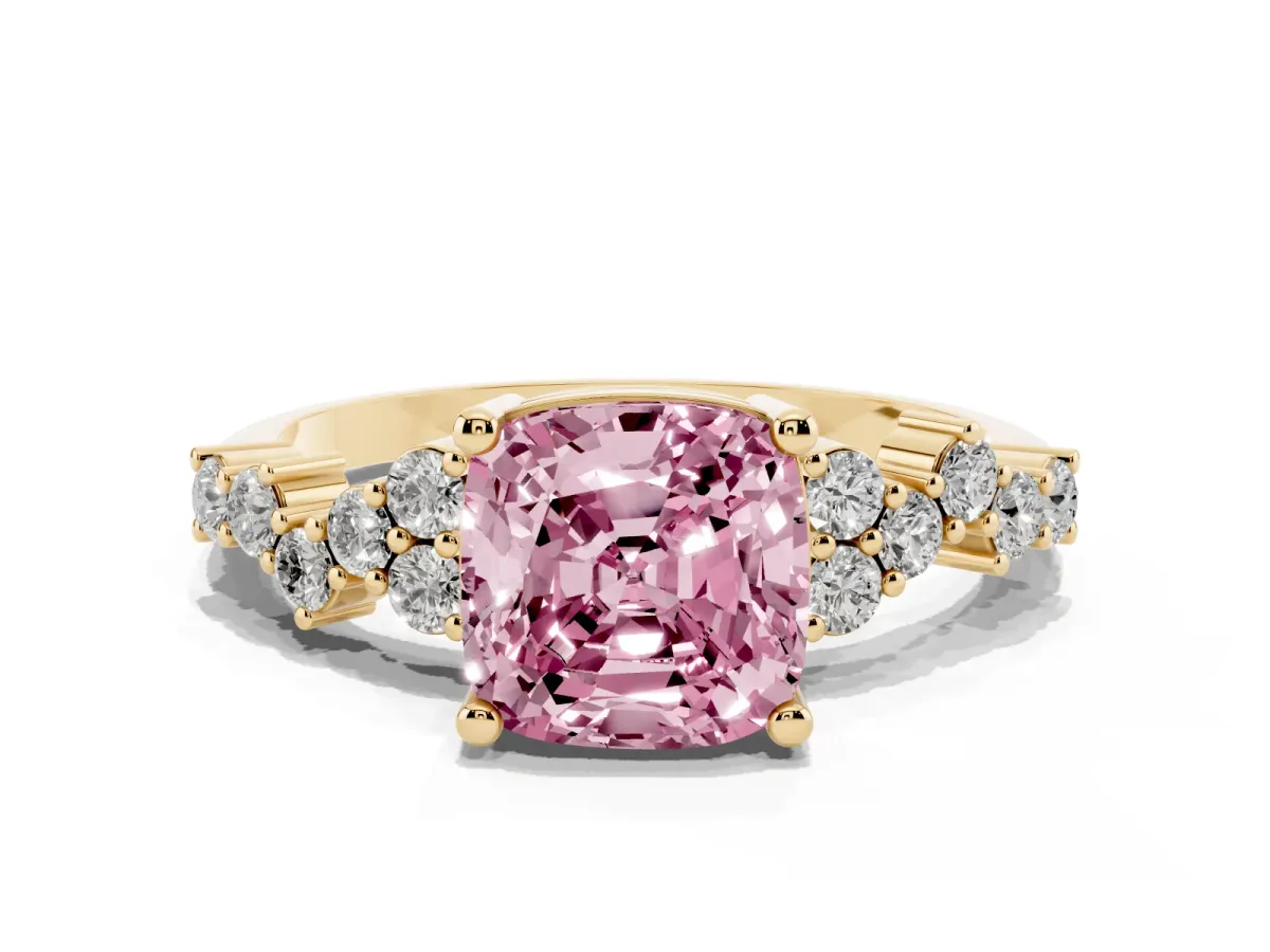 Fancy Pink Cushion Cut Diamond Scattered Round Accent Ring with Prong Setting Yellow gold