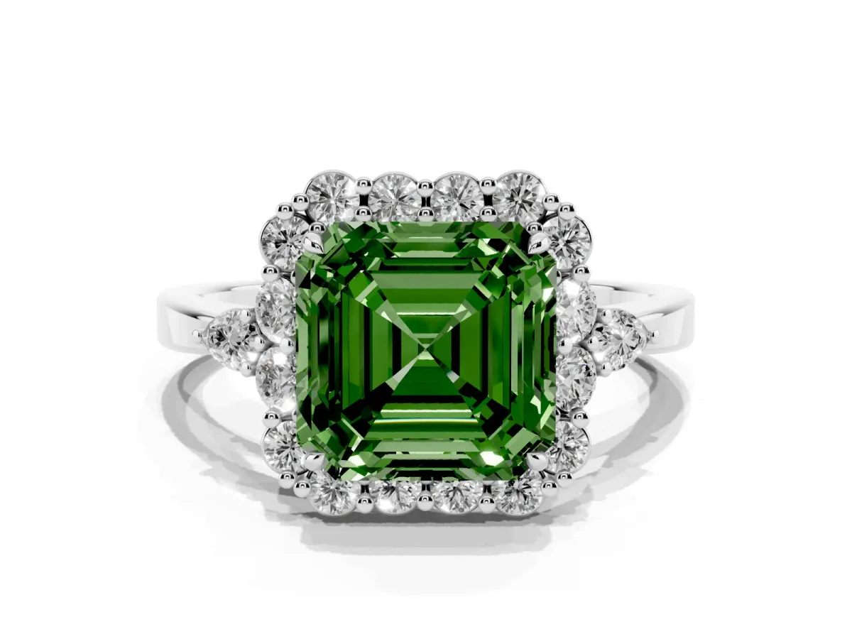 Fancy Green Asscher Cut Diamond Halo Ring with Pear Side Stones and Prong Setting Silver
