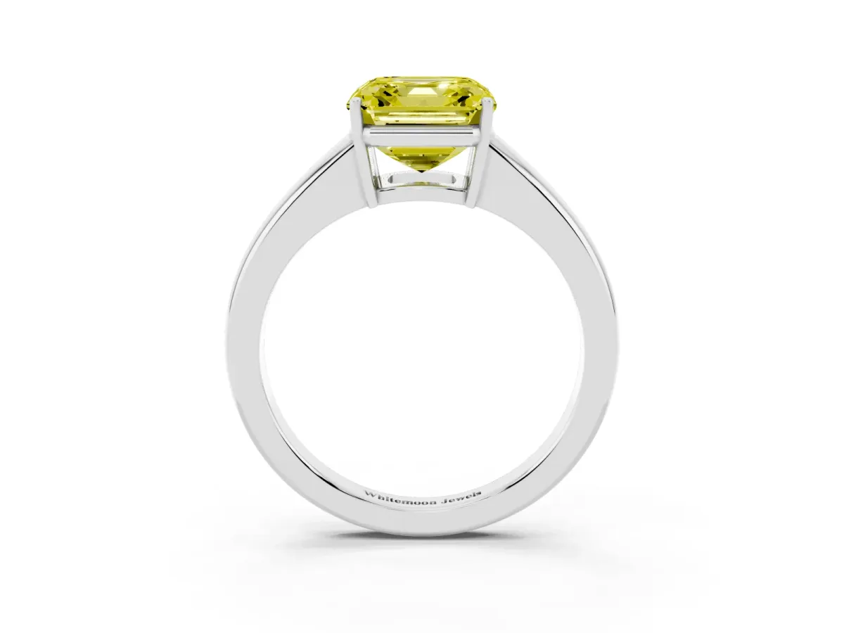 Fancy Yellow Asscher Cut Solitaire Diamond Ring with Tapered Band and Four-Prong Setting Silver